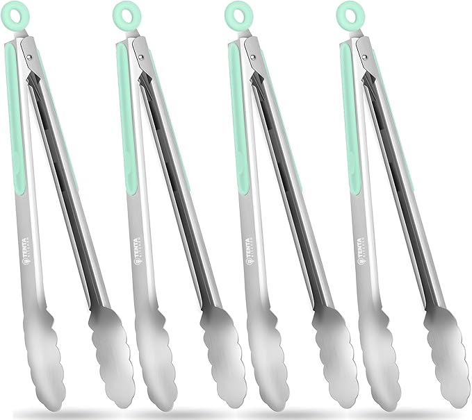 Tongs with Locking Ring, 12-Inch Food-Grade Stainless Steel, Mint Green