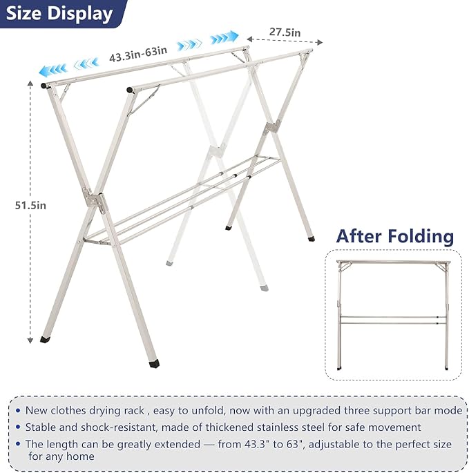 63 inches Foldable Clothes Drying Rack, Heavy Duty Stainless Steel Laundry - Image 2