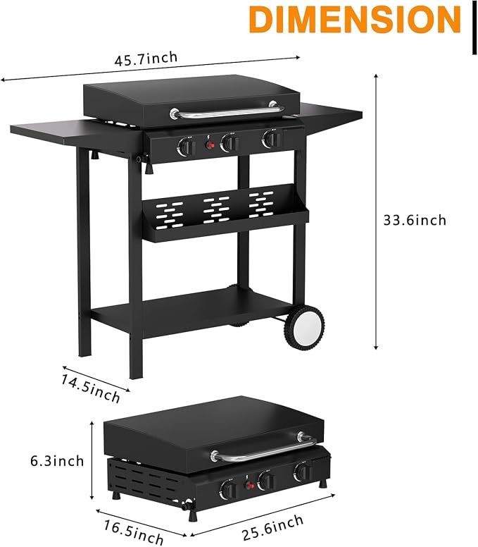 3 Burner BBQ Gas Griddle with Hood, 25.6 Inch Stainless Steel Portable - Image 7