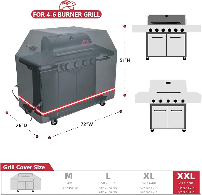 Turtle Life BBQ Grill Cover, 72 Inch Heavy Duty Waterproof 4-6 Burner Barbecue - Image 2