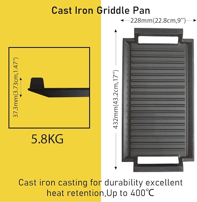 Griddle Pan, Ribbed Cast Iron Surface, Gray, 16.7 x 9.1 in