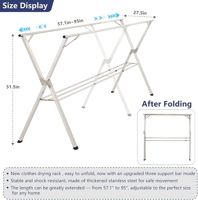 95 inches Foldable Clothes Drying Rack, Heavy Duty Stainless Steel Laundry - Image 2