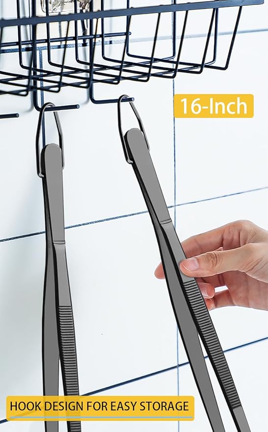 Tongs Set of 2, 16-Inch Black Stainless Steel Grilling Tweezers