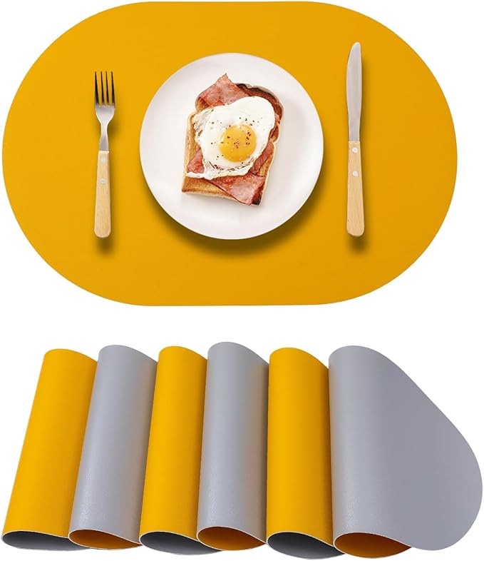 Oval PU Placemats Set of 6, Reversible Faux Leather Placemat by Unknown