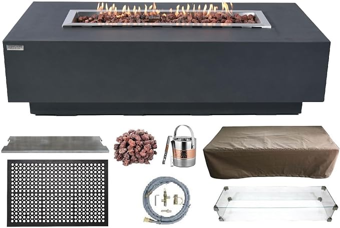 Elementi | Bundle Granville Gas Fire Pit Cast Concrete 60" Rectangular Fire by AMSFireplaceInc