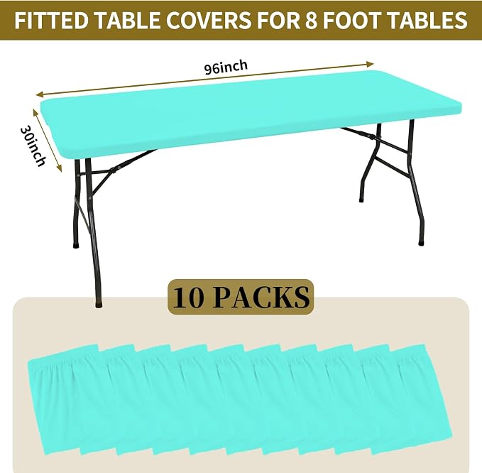 10 Pack Fitted Tablecloth for 8 Foot Rectangle Tables, Aqua Blue Elastic - Image 2