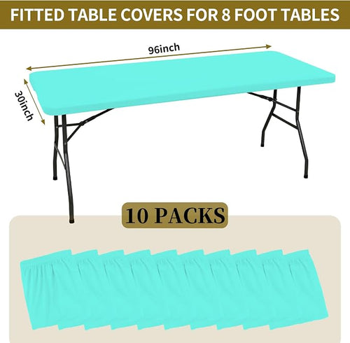 10 Pack Fitted Tablecloth for 8 Foot Rectangle Tables, Aqua Blue Elastic - Image 2