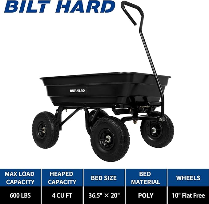 BILT HARD 4 Cu.Ft. 10" No-Flat Tires Poly Yard Dump Cart - Image 6
