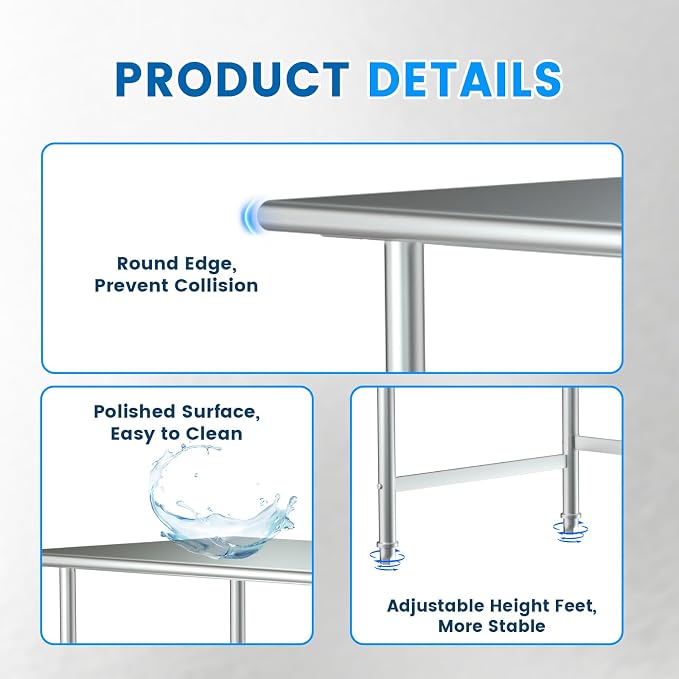 Treshin Open Base Stainless Steel Table 30" X 48", Commercial Heavy Duty Prep & - Image 5