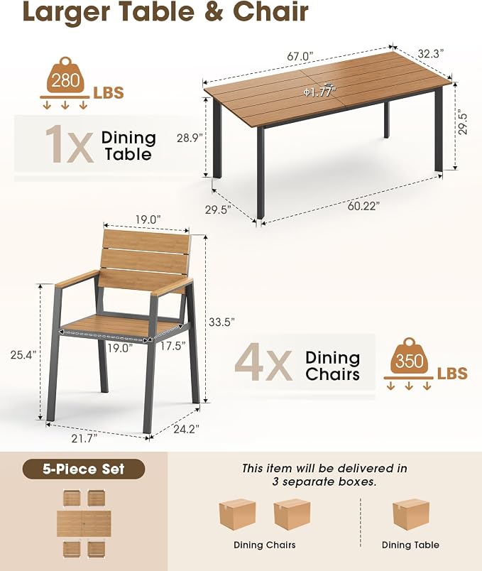 Outdoor Patio Dining Sets, Aluminum&HDPS 5 Piece Dining Table Set - Image 2