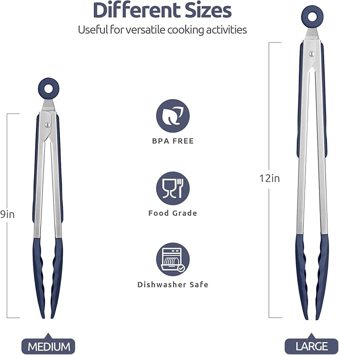 Silicone-Tipped Kitchen Tongs with Lock, Midnight Blue