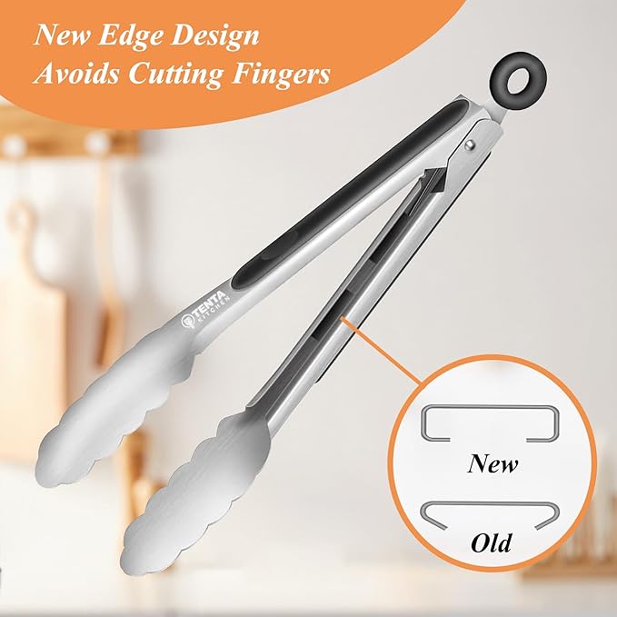 Tongs, 9-Inch Food-Grade Stainless Steel with Locking Ring, Set of 4