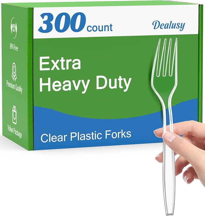 300 Count Extra Heavy Duty Clear Plastic Forks Disposable, Heat Resistant by Dealusy