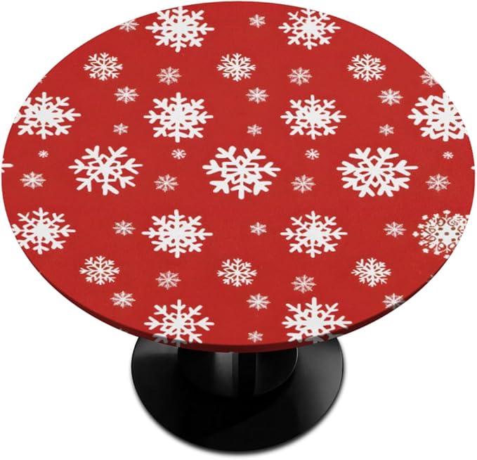 Christmas Snowflake Red White Round Table Cloth Cover, Elastic Edge Waterproof by ModaQua