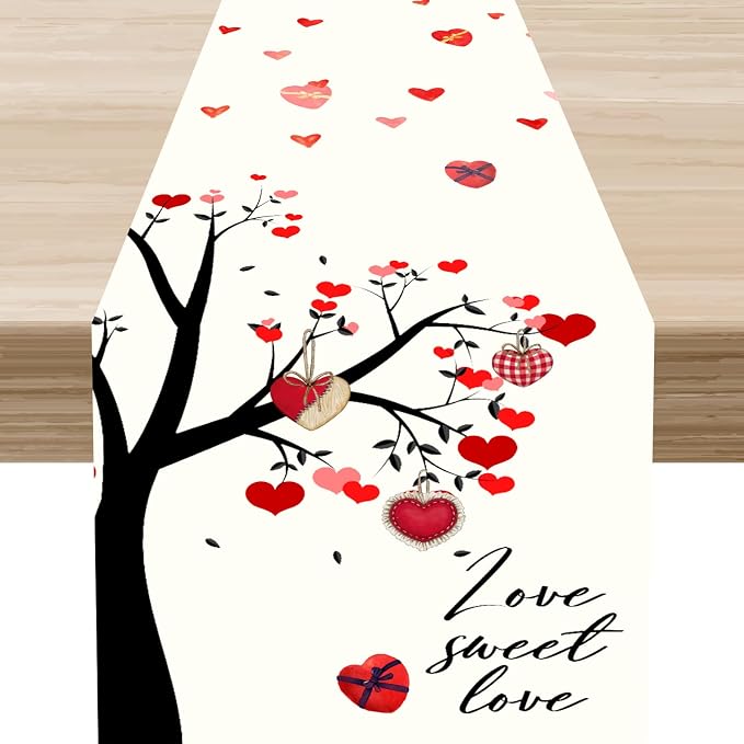Valentines Day Table Runner, Rustic Love Tree Red Black Heart Valentines Runner by Unknown