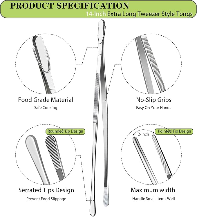 Tongs, 2-Pack 14-Inch Stainless Steel Kitchen Tweezers in Silver