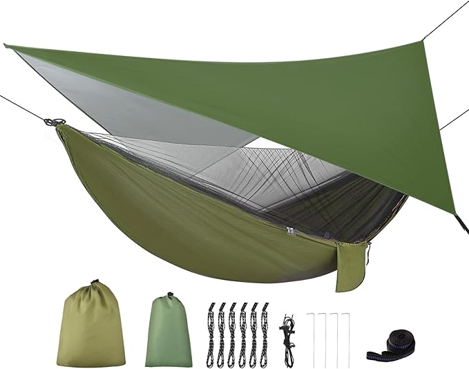 Hammock with Built-In Bug Net and Rain Fly, 440 lb Capacity, Green