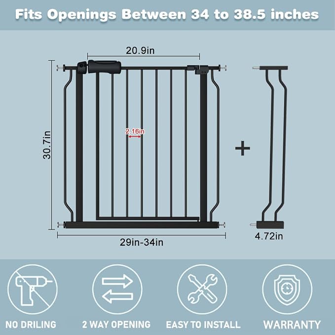 Extra Wide Baby Gate Black 34-38.5 Inch Wide Walk Through Pressure Mounted No - Image 2