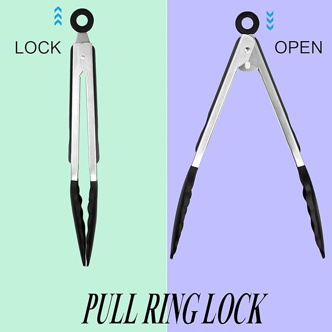 Silicone Tip Tongs Set, 3-Piece 9-Inch Black Stainless Steel