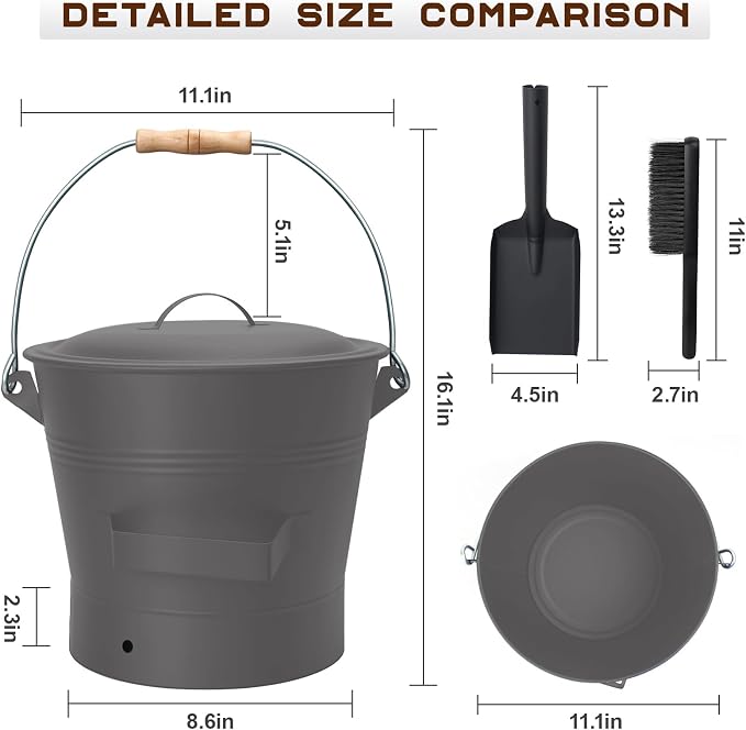 BRIAN & DANY Ash Bucket with Lid, 2.6 Gallon Fireplace Ash Bucket with Shovel - Image 2