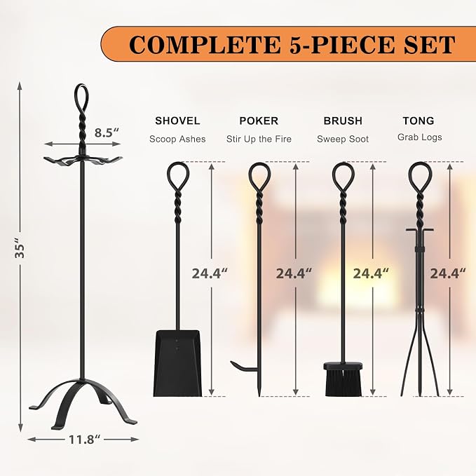 Gtongoko 35 Inch Fireplace Tools Set 5 Pcs Black Wrought Solid Iron Large Fire - Image 2