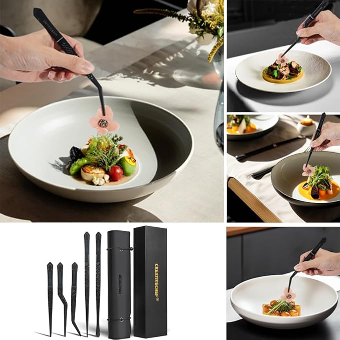Tongs, Black Stainless Steel Plating Tweezers, 10-Inch Kitchen Tongs