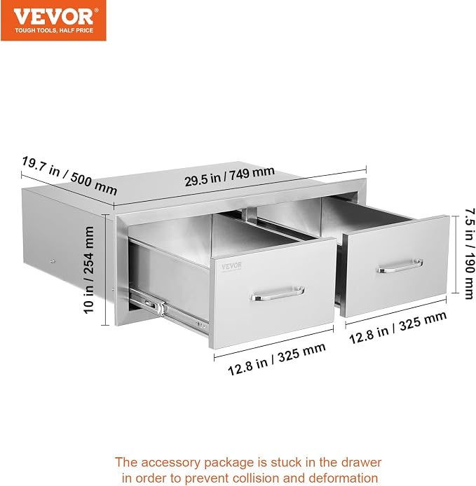 VEVOR Outdoor Kitchen Drawers 30" W x 10" H x 20" D, Horizontal Double BBQ - Image 3