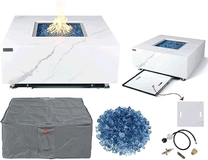 Elementi+ | Bianco Gas Fire Pit | Marble Porcelain & Metal Frame | 40" Square by AMSFireplaceInc