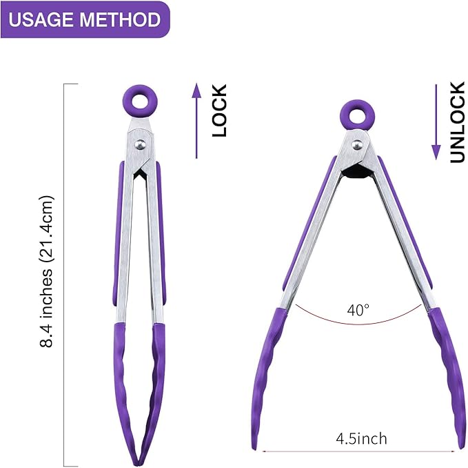 Tongs, 7 Inch Mini Stainless Steel Serving Tongs with Silicone Heads, Purple
