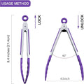 Tongs, 7 Inch Mini Stainless Steel Serving Tongs with Silicone Heads, Purple