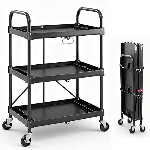 DUMOS 3-Tier Folding Utility Cart, Collapsible Service Cart by DumosLifestyle