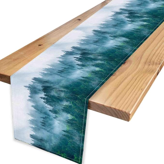 Forest Table Runner, Rustic Farmhouse Misty Pine Tree Woodland Mountain Country - Image 4