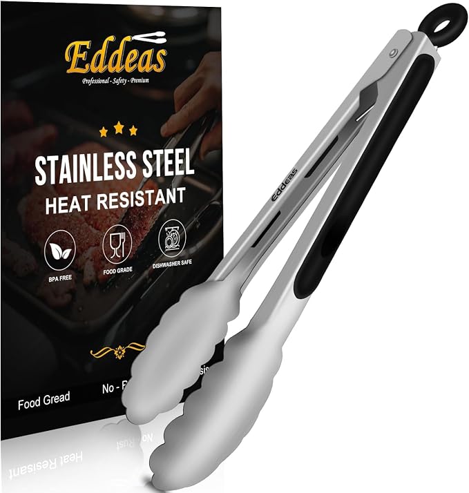 Kitchen Tongs - 9 inch Heavy Duty Food Tongs, Ergonomic Grip Superior Stainless by Eddeas