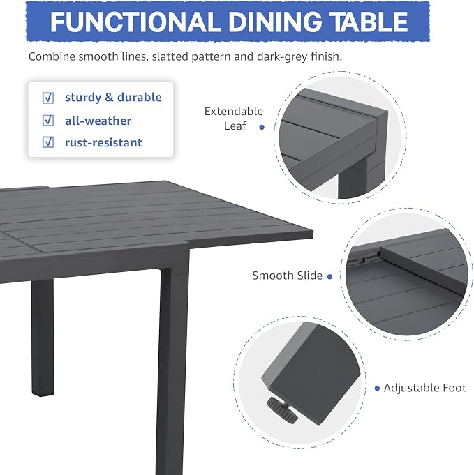 Soleil Jardin Aluminum Patio Extendable Dining Table, Adjustable Indoor Outdoor - Image 7