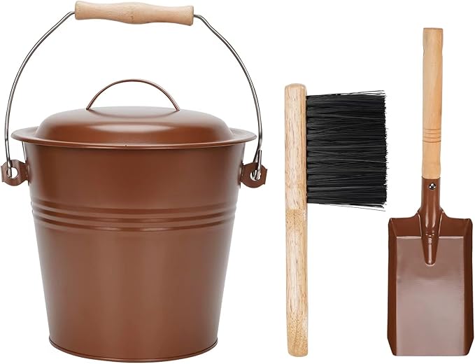 Mini Ash Bucket with Lid, 1.5-Gallon Pail with Shovel and Hand Broom, Metal by MyFirePlaceDirect