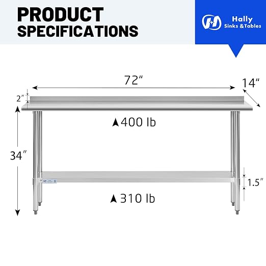 Hally Stainless Steel Table for Prep & Work 14 x 72 Inches, NSF Commercial - Image 3