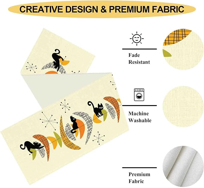 Mid Century Table Runner, Retro 1950s Black Cat Atomic Modern Abstract Coffee - Image 5