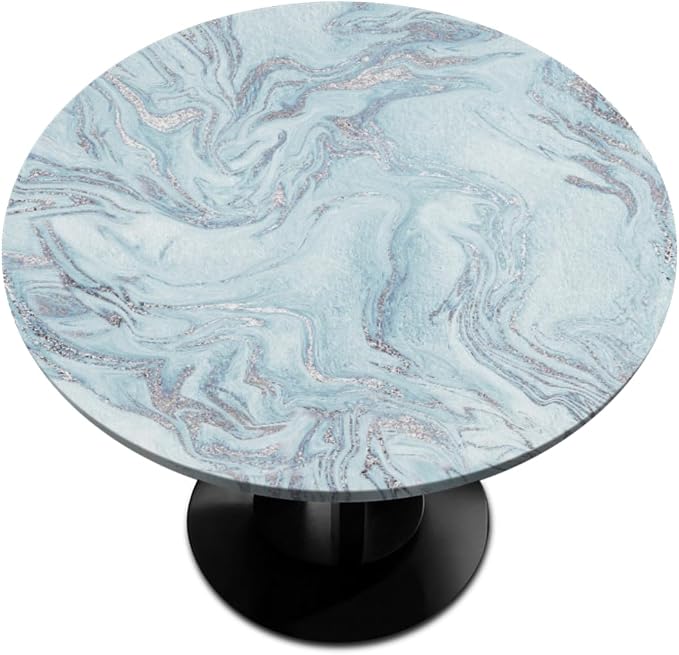 Blue Silver Marble Pattern Round Table Cloth Cover, Elastic Edge Waterproof by ModaQua