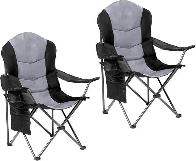 Folding Camping Chairs 2-Pack, Black and Gray, 400 lb Capacity