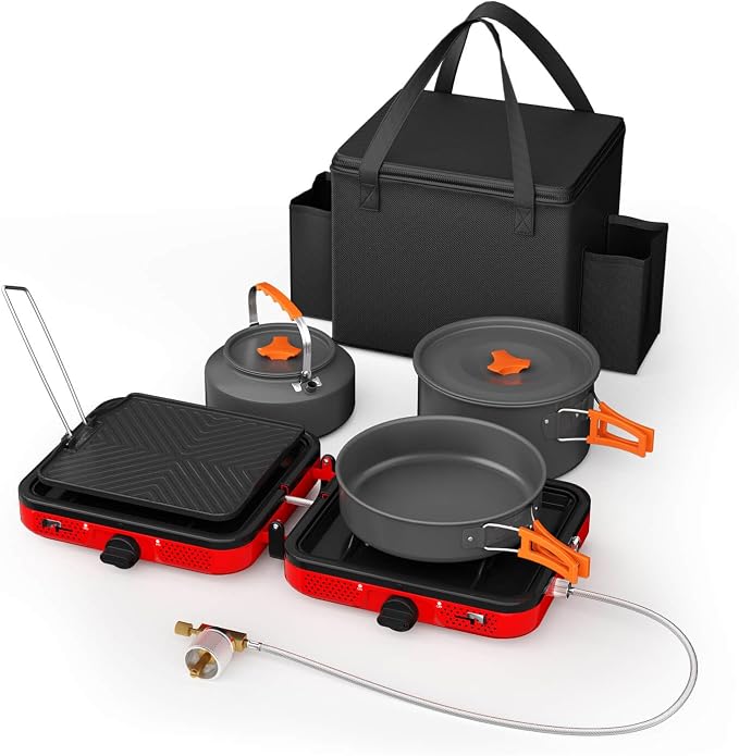 Hisencn Camping Stove, 2 Burner Propane Stove, 20000 BTU/h Camping Cooking set by Hisencn