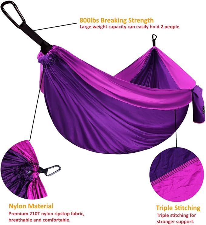 Hammock, Extra Large Double Nylon Hammock with Tree Straps, Purple and Fuchsia