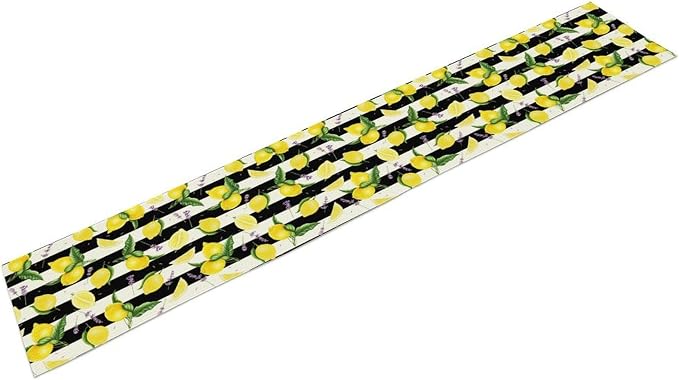 Farmhouse Lemon Fruit Table Runner Nature Aesthetic Black White Stripe Flowers - Image 3