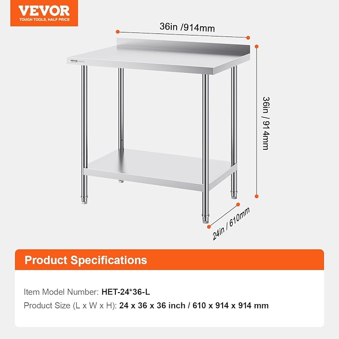 VEVOR 24 x 36 x 36 Inch Stainless Steel Work Table, Commercial Food Prep - Image 3
