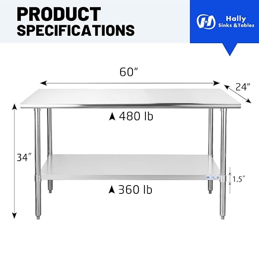 Hally Stainless Steel Table for Prep & Work 24 x 60 Inches, NSF Commercial - Image 3