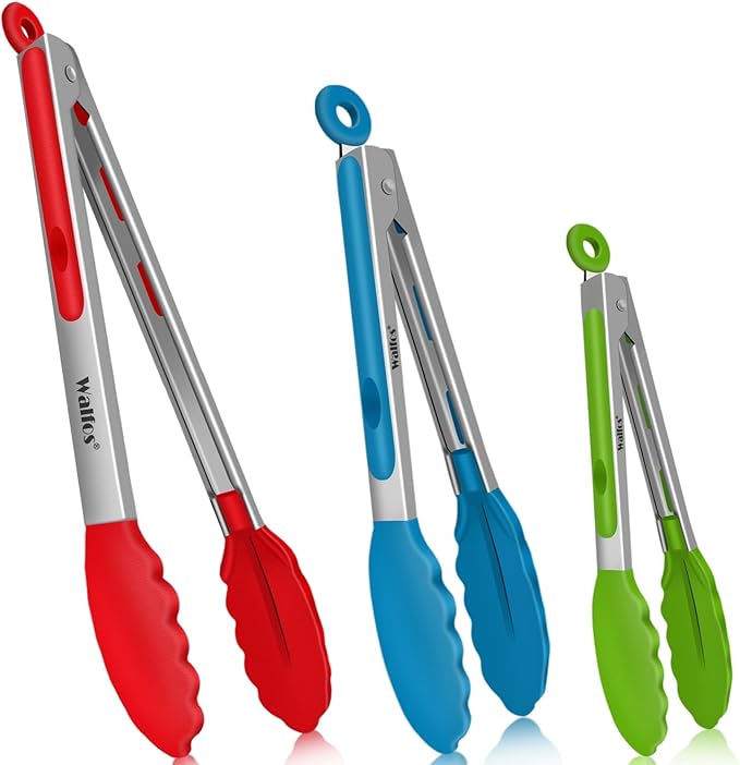 Silicone Kitchen Tongs Set, 3 Sizes 7, 9 and 12 Inch, Stainless Steel
