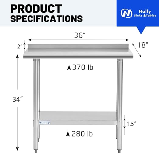 Hally Stainless Steel Table for Prep & Work 18 x 36 Inches, NSF Commercial - Image 3