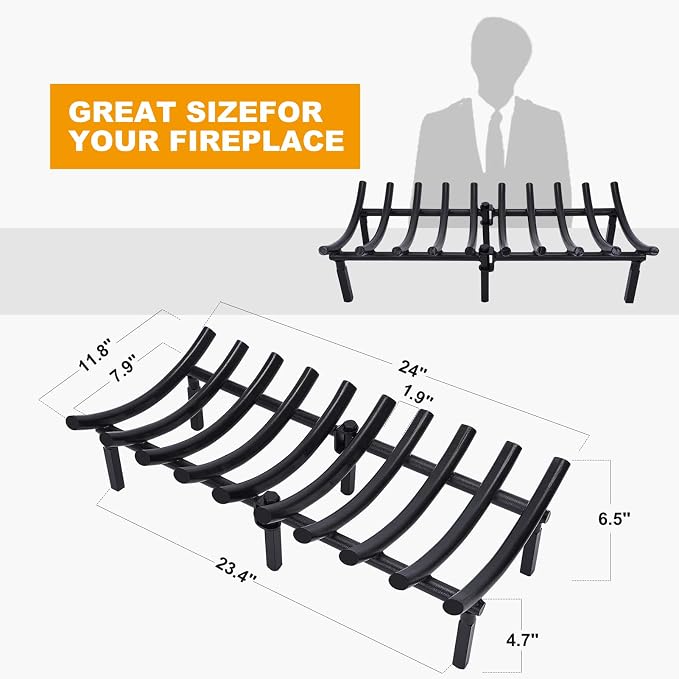 24 Inch Fireplace Grates of Metal, Solid Round Steel 3/4" Bar Grate - Image 4