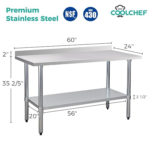 Stainless Steel Work Table 24 x 60 Inch, NSF Commercial Prep Table - Image 2