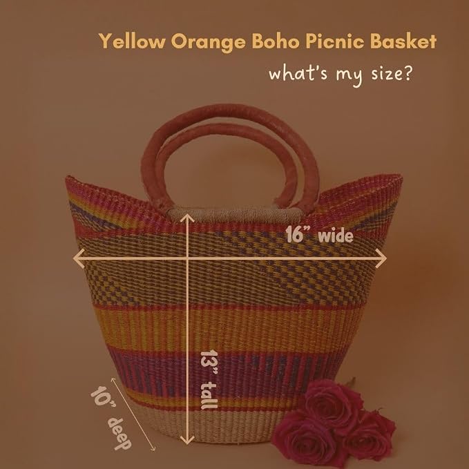 Yellow Orange Picnic Basket, Kitchen & Dining Storage, Reusable Grocery Bag - Image 2