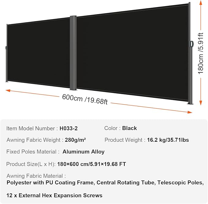 VEVOR Retractable Side Awning, UV 50 71''x 236'' Full Aluminum Rust-Proof Patio - Image 7